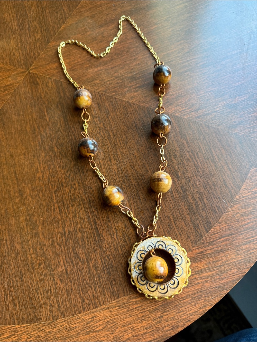 Vintage Boho Wood Bead Statement Necklace Copper Gold Tone